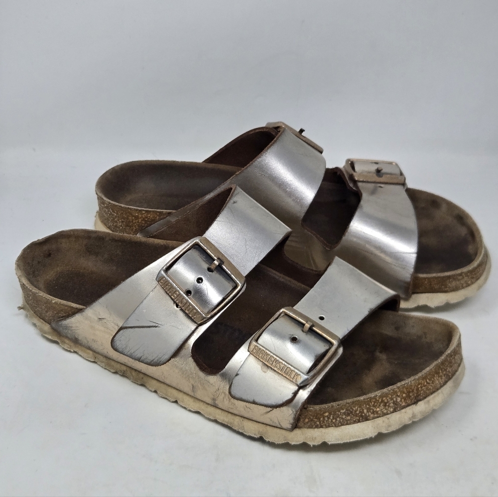BIRKENSTOCK‎ Arizona Soft Footbed Sandal Sz 37 6-6.5 Metallic Copper Rose Gold